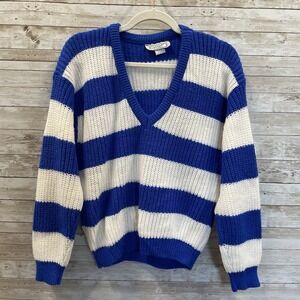 Vintage 80's Toppers Womens M Sweater 100% Cotton Pullover Blue & White V-Neck